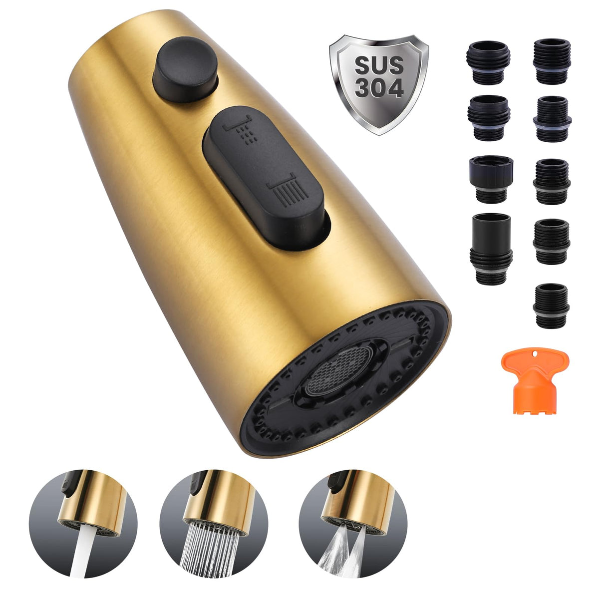 Kitchen Faucet Head Replacement:Stainless Steel Spray Head,3 Modes Pull Out Spray Nozzle with 9 Adapters for Kitchen Sink Faucet,Compatible with Moen Kohler Delta Kitchen Faucets G1/2,Brushed Nickel