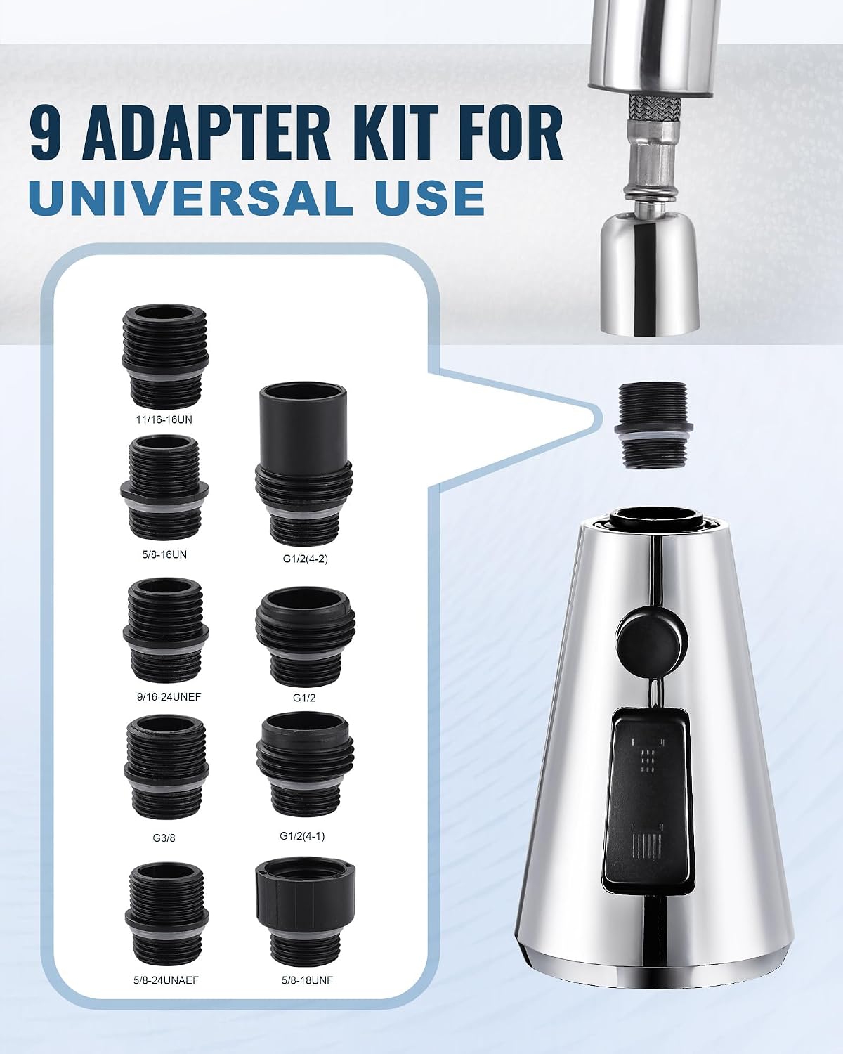 ALEASHA Pull Down Spray Head for Kitchen Faucet,3-Function Sink Spray Nozzle with 9 Adapters,Kitchen Faucet Head Replacement Compatible with American Standard Faucets,Chrome
