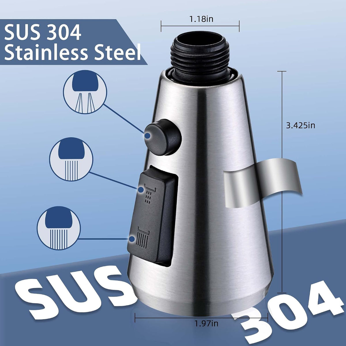 Stainless Steel Kitchen Faucet Head Replacement, 3 Function Pull Down Spray Head for Kitchen Faucet, Brushed Nickel Kitchen Sink Faucet Head with 14 Adapters Compatible with American Standard