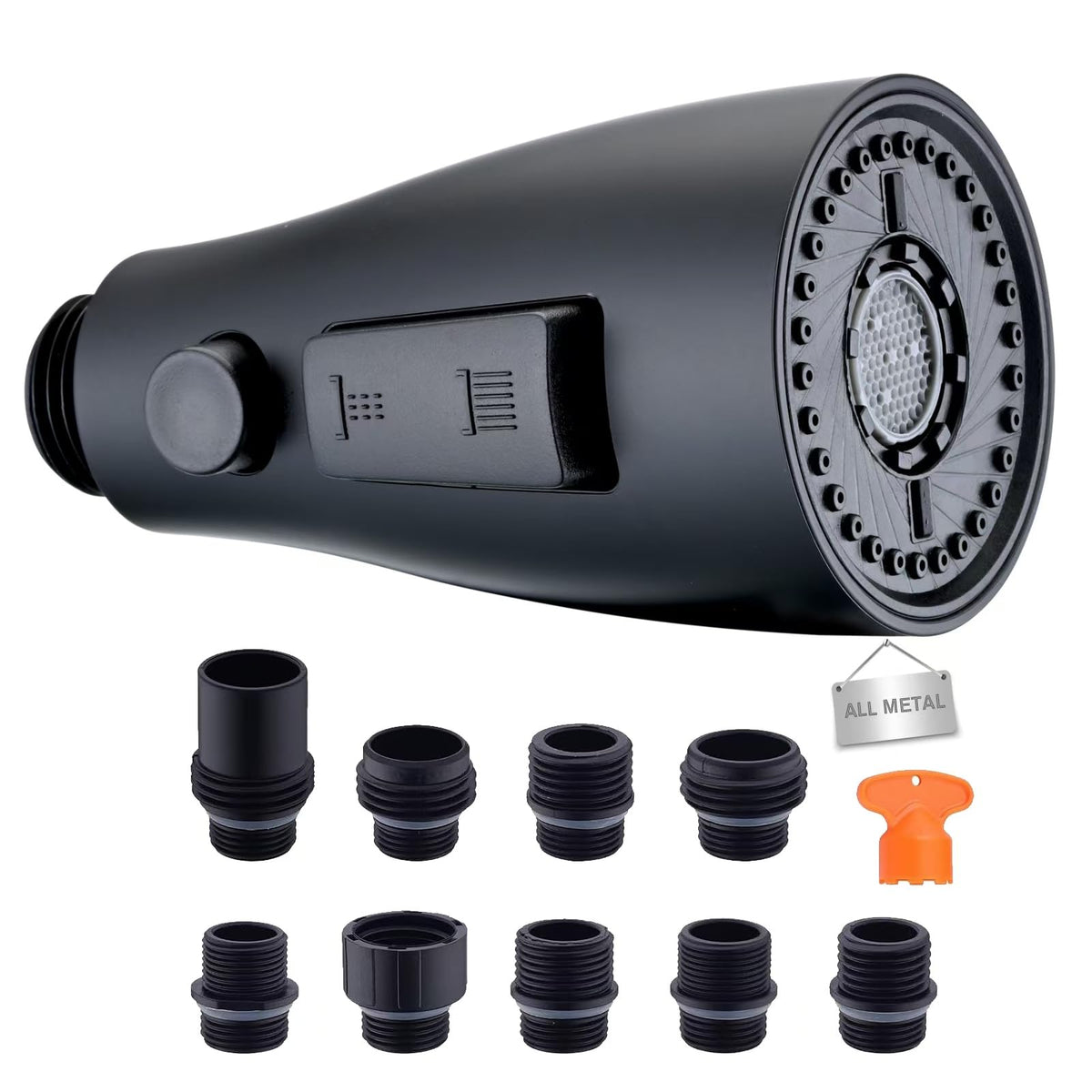 Metal Kitchen Faucet Head Replacement, 3-Function Pull Down Spray Head for Kitchen Faucet, High Pressure Sink Spray Nozzle with 9 Adapters Compatible with American Standard, Brushed Nickel