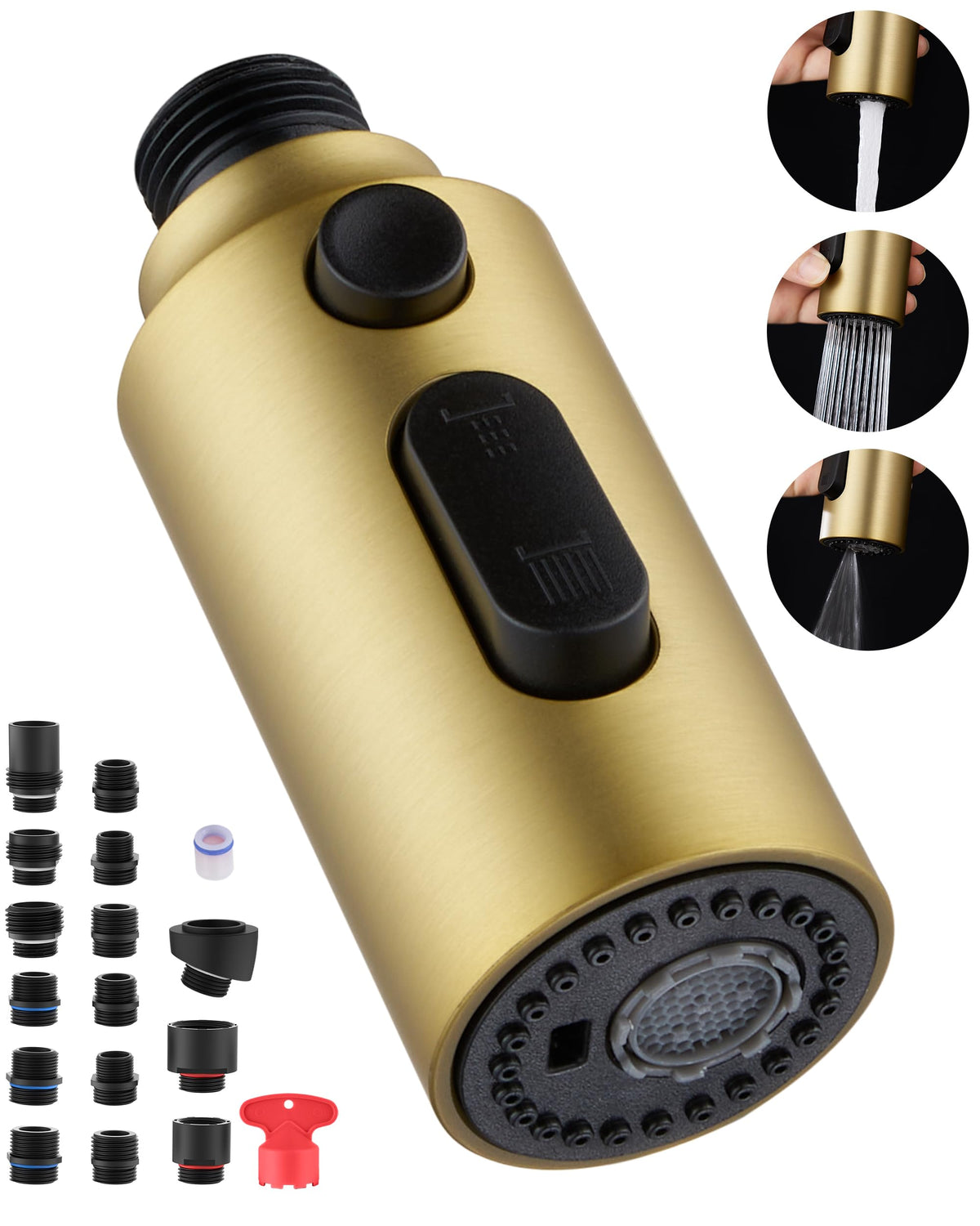 Kitchen Faucet Spray Head Replacement, Pull Down Faucet Head Replacement with 15 Adapters, 3 Function Spray Nozzle for Kitchen Faucet, Replacement Pull Out Faucet Head, Brushed Nickel