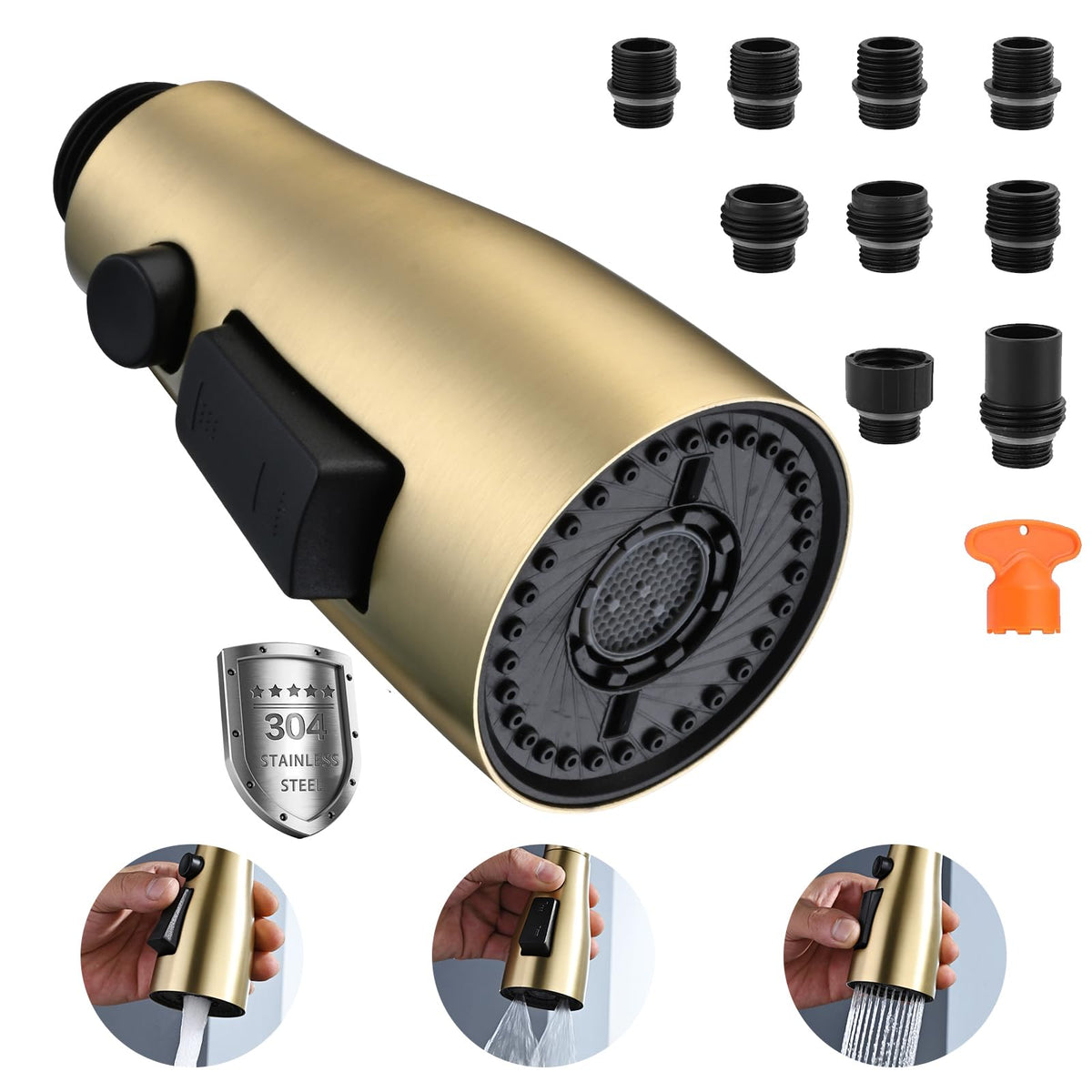 Metal Kitchen Faucet Head Replacement, 3-Function Pull Down Spray Head for Kitchen Faucet, High Pressure Sink Spray Nozzle with 9 Adapters Compatible with American Standard, Brushed Nickel