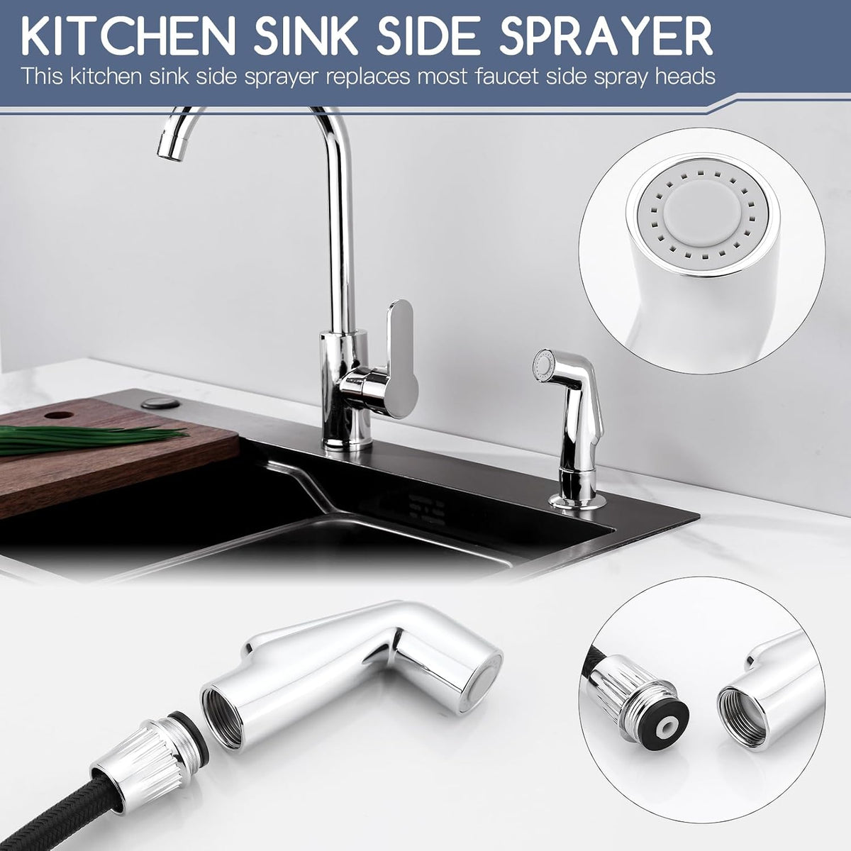 Universal Sink Side Sprayer Head, Chrome, Kitchen Sink Faucet Sprayer Head, ABS Plastic, Polished Chrome Finish