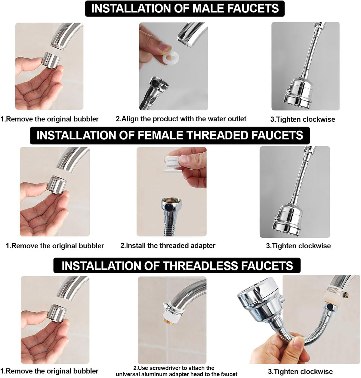 Faucet Sprayer Attachment，Kitchen Faucet Head Replacement 360° Rotatable 3-Speed Faucet Extender with Universal Aluminum Adapter for Kitchen Sink