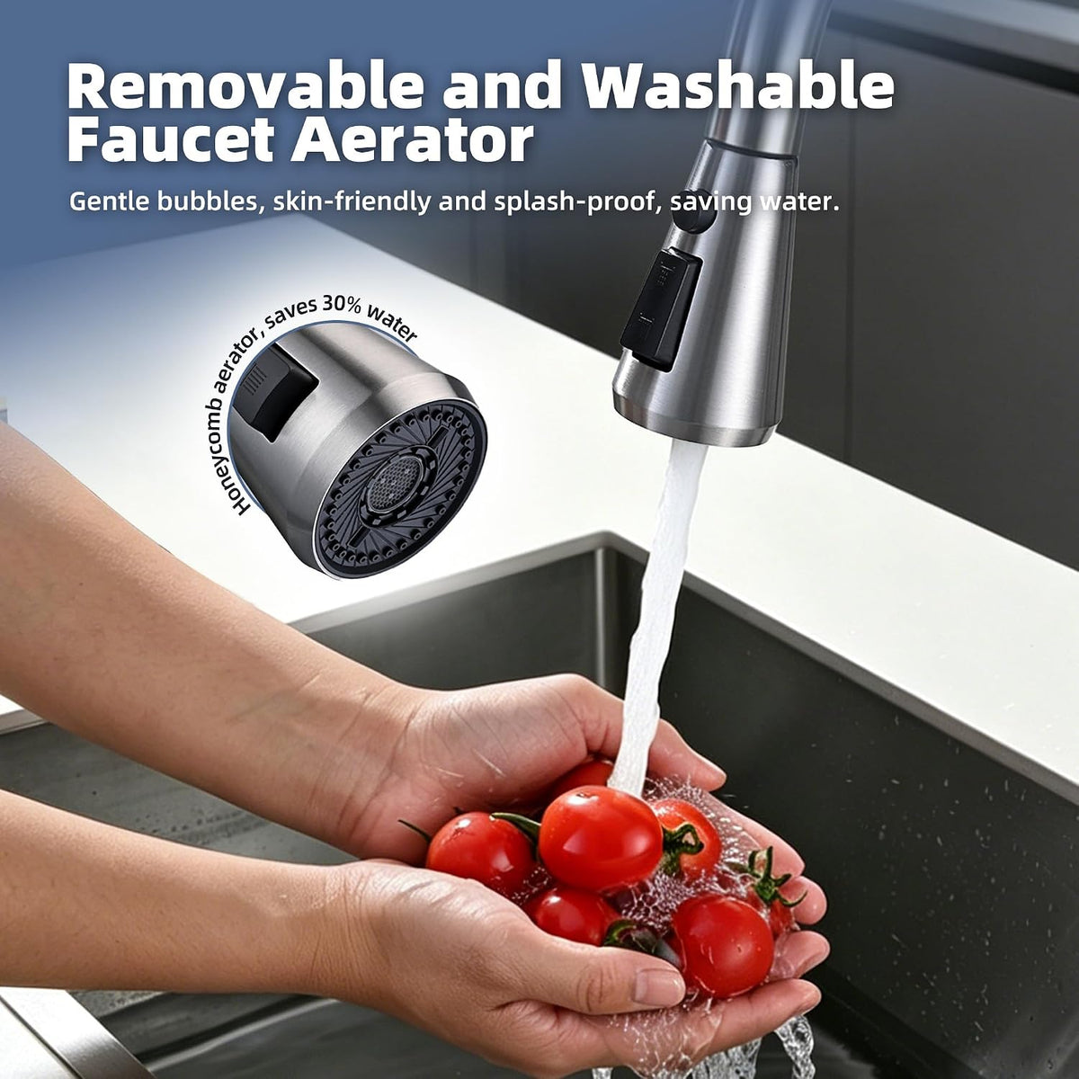 Stainless Steel Kitchen Faucet Head Replacement, 3 Function Pull Down Spray Head for Kitchen Faucet, Brushed Nickel Kitchen Sink Faucet Head with 14 Adapters Compatible with American Standard