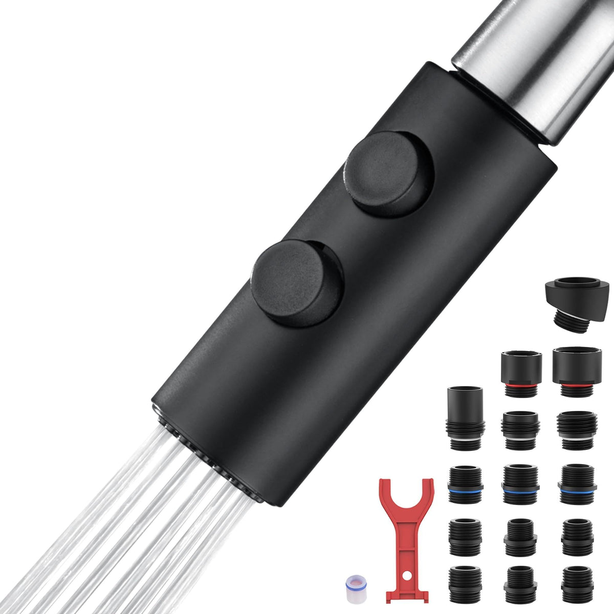 TIORIY Metal Kitchen Faucet Head Replacement, Pull Down Spray Head with 15 Adapters, 2 Function Kitchen Sink Spray Nozzle, Stainless Steel, Brushed Nickel