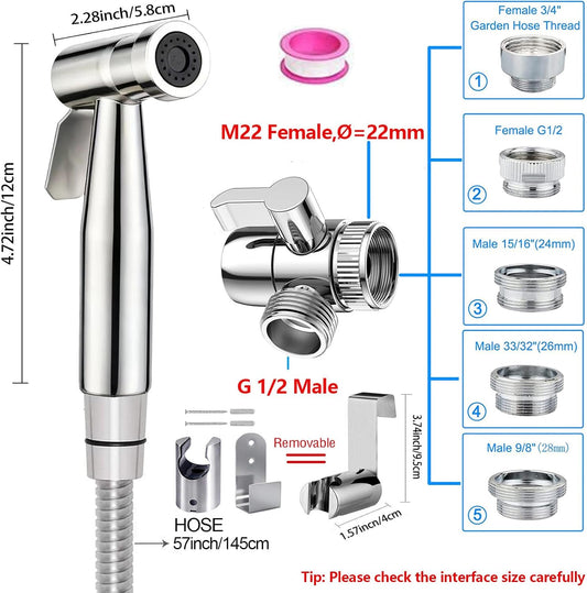 Bidet Stainless Steel Hand Shower Set, Bathroom Bidet Attachment with Faucet Dispenser, 59 inches Hose and Hand Shower Holder