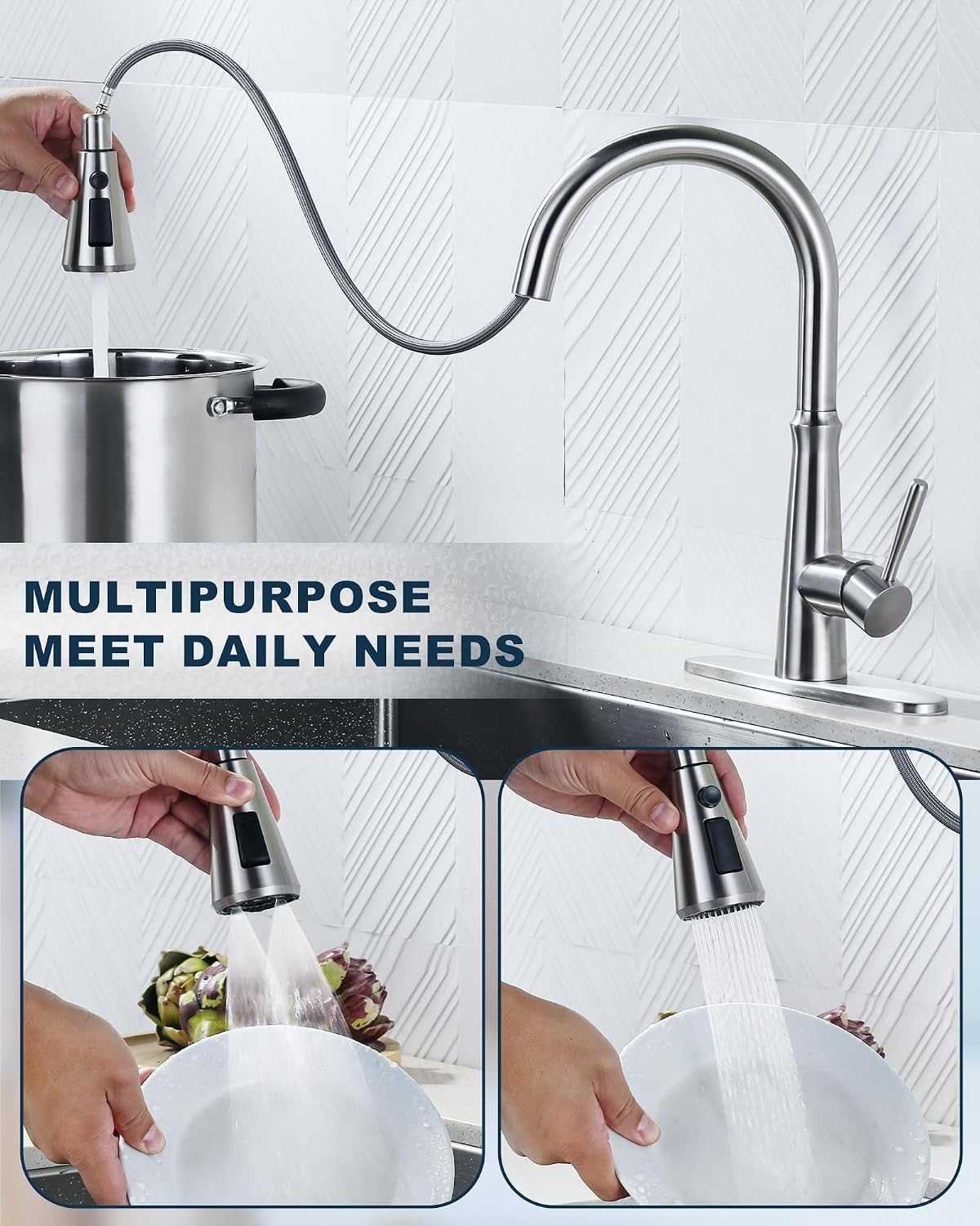 ALEASHA Pull Down Spray Head for Kitchen Faucet,3-Function Sink Spray Nozzle with 9 Adapters,Kitchen Faucet Head Replacement Compatible with Moen,American Standard Faucets,Brushed Nickel