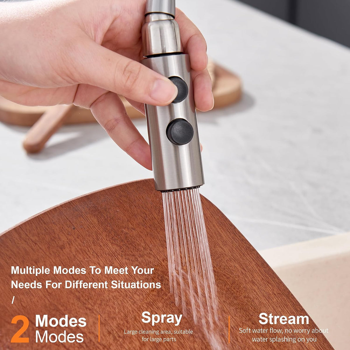 TIORIY Metal Kitchen Faucet Head Replacement, Pull Down Spray Head with 15 Adapters, 2 Function Kitchen Sink Spray Nozzle, Stainless Steel, Brushed Nickel