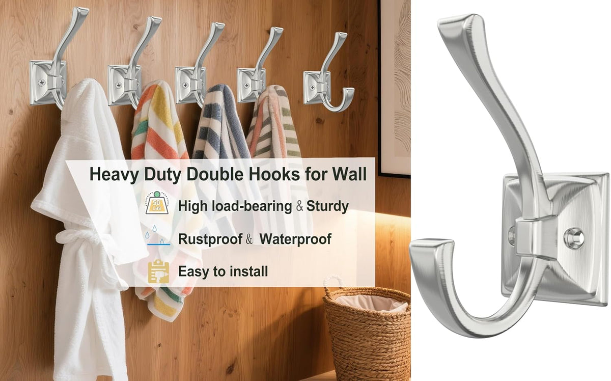 TOFIIGREM 2 Pack Brushed Nickel Towel Robe Hooks, Coat Hooks for Wall Hanging Hat, Key, Bag, Mudroom Hook Entrance Bathroom Door Decorative Heavy Duty Hats Hanger