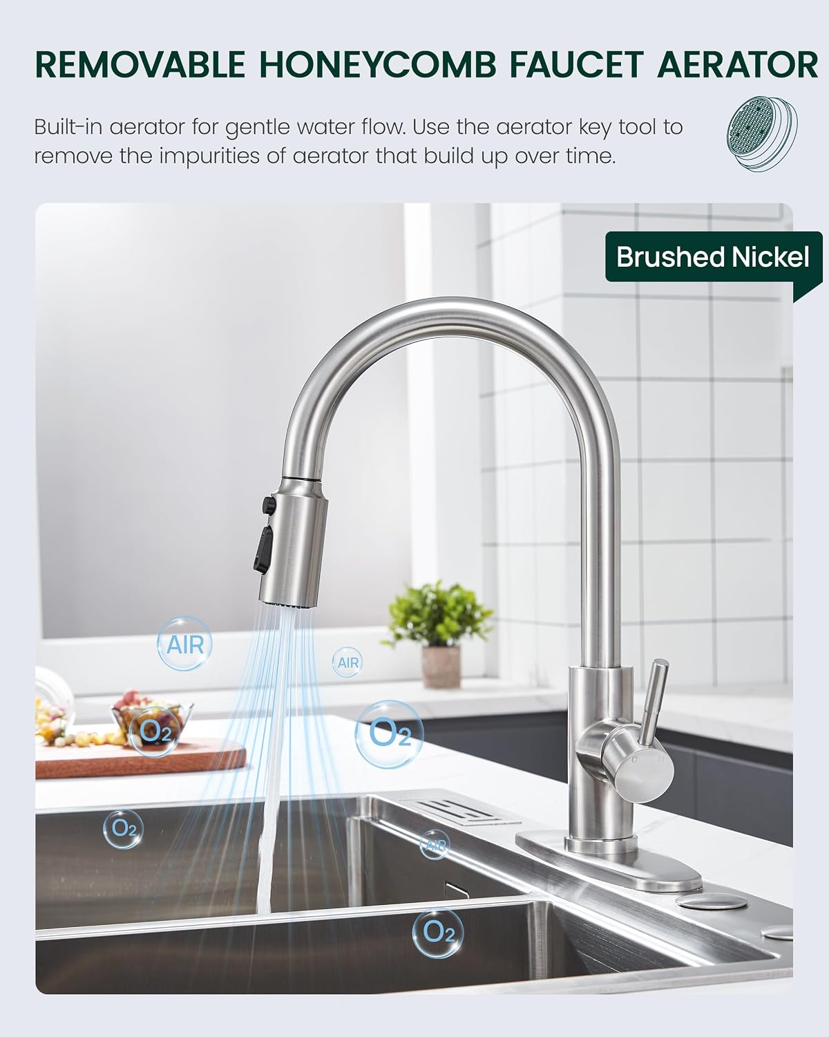 Kitchen Faucet Spray Head Replacement, Pull Down Faucet Head Replacement with 15 Adapters, 3 Function Spray Nozzle for Kitchen Faucet, Replacement Pull Out Faucet Head, Brushed Nickel