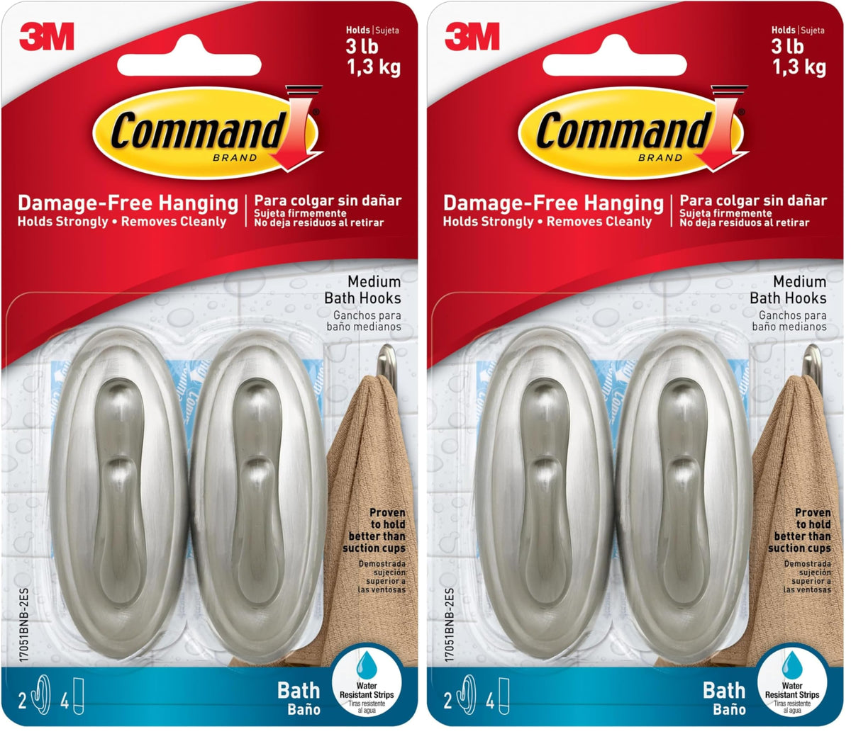 Command Traditional Plastic Bath Hooks Value Pack, Medium, Brushed Nickel, 2-Hooks (17051BNB-2ES), Organize Damage-Free