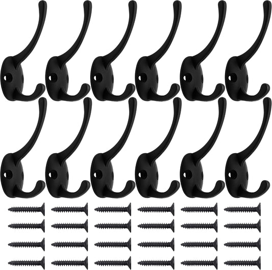 IBosins 12 Pack Black Double Coat Hooks Wall Mounted with 24 Screws