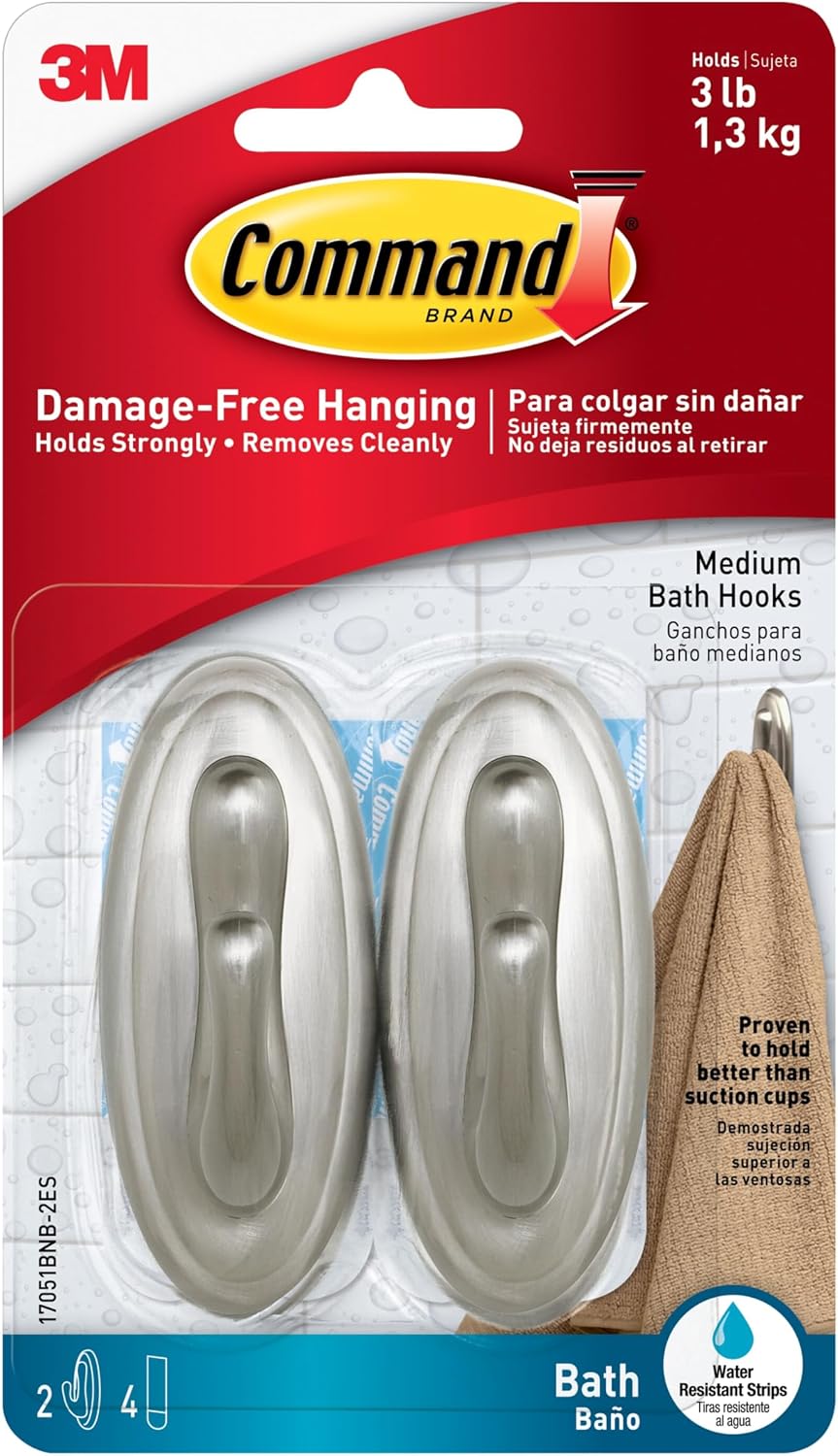 Command Traditional Plastic Bath Hooks Value Pack, Medium, Brushed Nickel, 2-Hooks (17051BNB-2ES), Organize Damage-Free