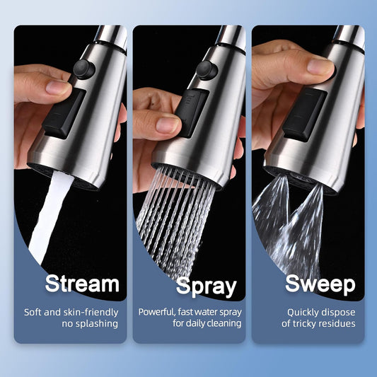 Stainless Steel Kitchen Faucet Head Replacement, 3 Function Pull Down Spray Head for Kitchen Faucet, Brushed Nickel Kitchen Sink Faucet Head with 14 Adapters Compatible with American Standard