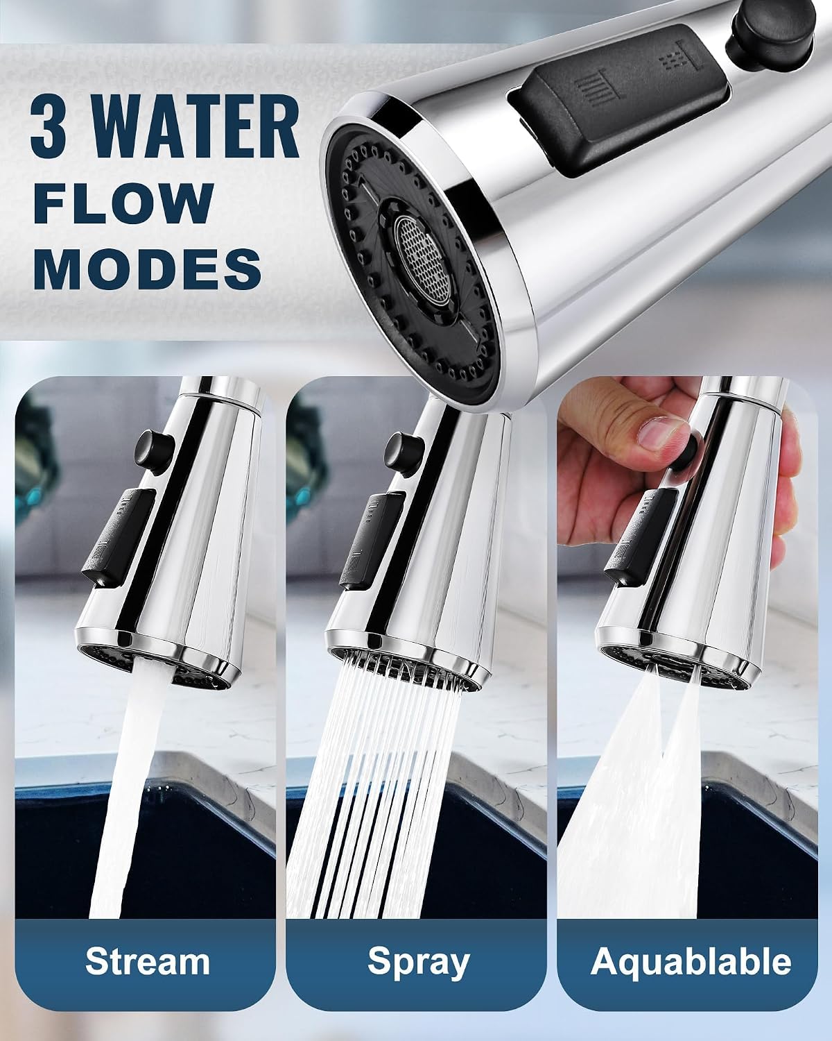 ALEASHA Pull Down Spray Head for Kitchen Faucet,3-Function Sink Spray Nozzle with 9 Adapters,Kitchen Faucet Head Replacement Compatible with American Standard Faucets,Chrome