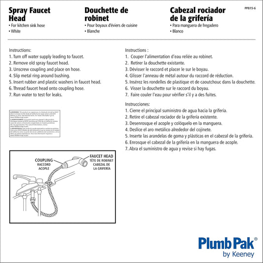 Keeney PP815-6 Plumb Pak Faucet Spray Head Replacement, White