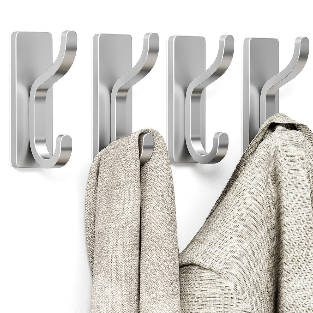 Adhesive Wall Hooks for Towel/Coat,13Lb Strong Stick-On Hooks, White 4 Pack