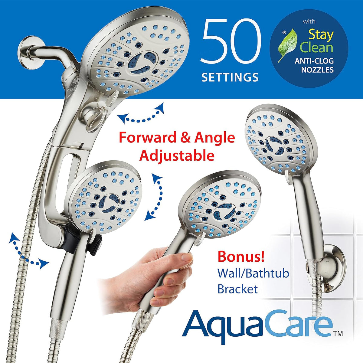 AquaCare 50-mode High Pressure Shower Head Combo with Arm & Dual Power Wash